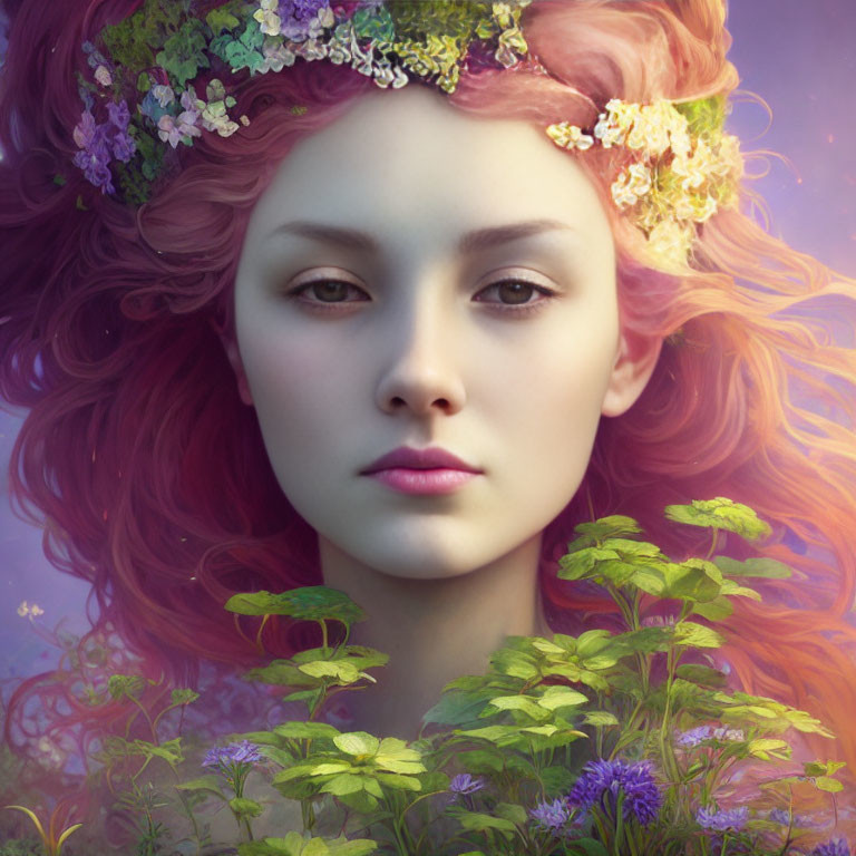 Vibrant red hair woman with floral crown in surreal purple and green background