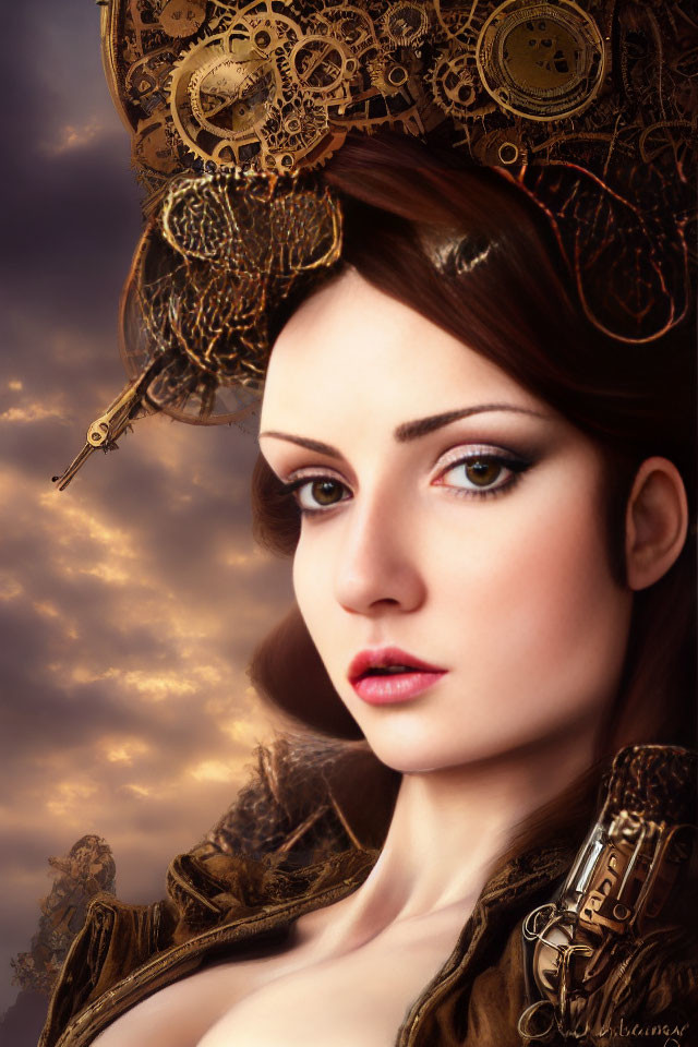 Steampunk-themed woman with gears against cloudy sky