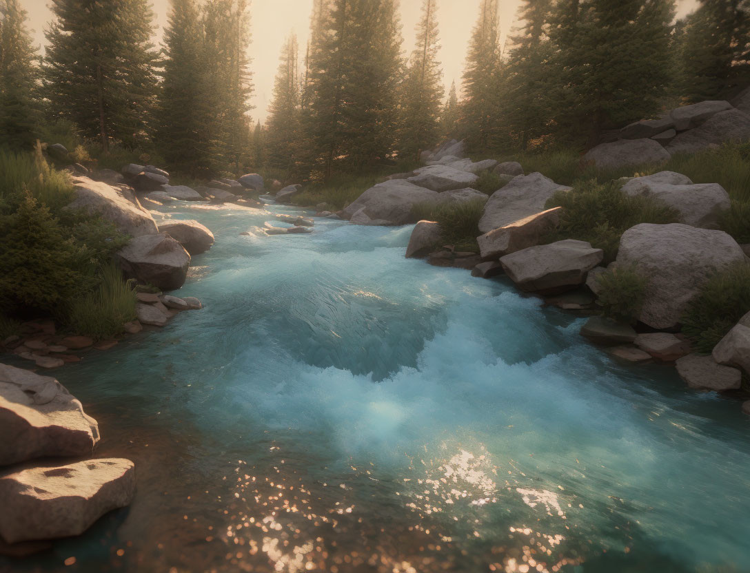 Tranquil forest stream with conifer trees and rocks