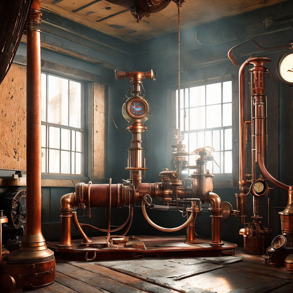 Steampunk-themed Room with Copper Pipes and Vintage Gauges