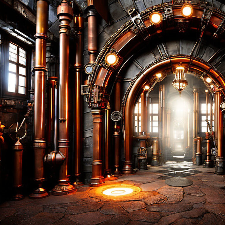 Ornate Copper Pipes in Steampunk-Inspired Interior