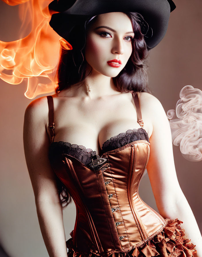 Woman in Brown Corset and Black Hat Poses with Dynamic Flames and Smoke