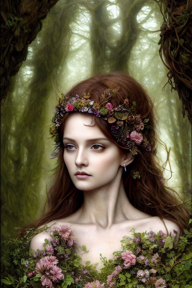 Woman with Floral Crown in Mystical Forest Setting