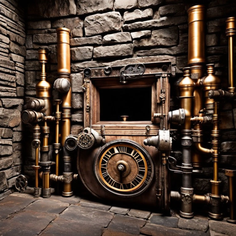 Steampunk-themed boiler with brass pipes and gears against stone wall and round glass window door