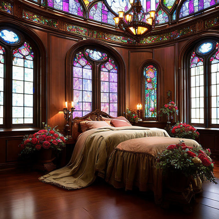 Luxurious Bedroom with Stained Glass Windows and Elegant Decor