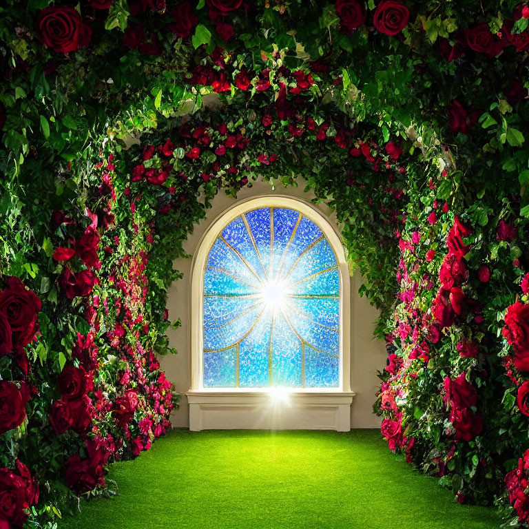 Circular stained-glass window illuminates ivy and roses room