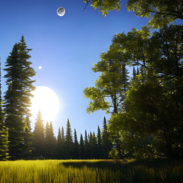 Tranquil Landscape with Trees, Meadow, Sun, Moon, and Sky