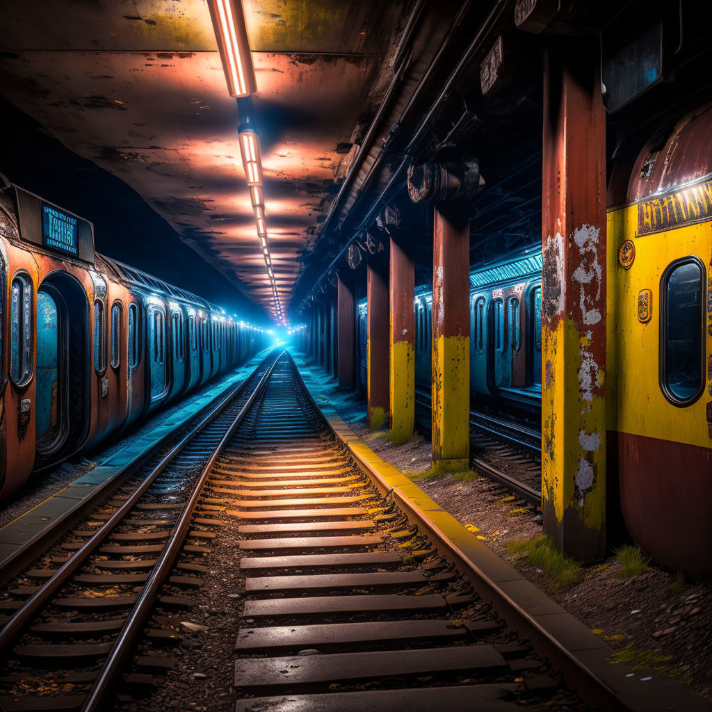 Abandoned Trains in a Subway Tunnel