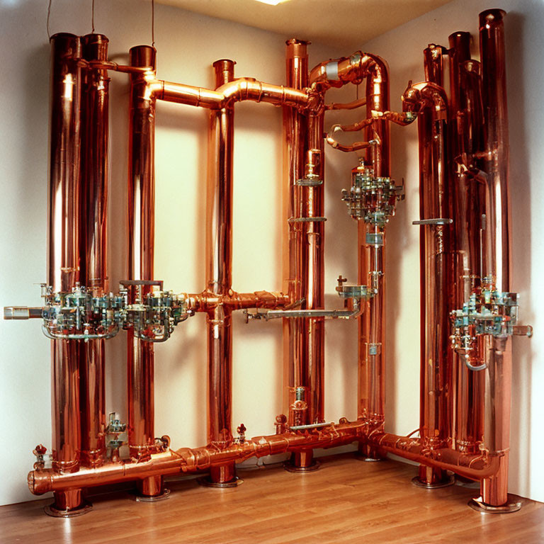 Detailed Copper Pipe Assembly with Valves and Gauges Wall Installation