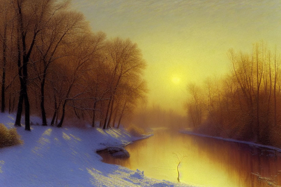 Snow-covered Riverbank at Sunrise with Leafless Forest