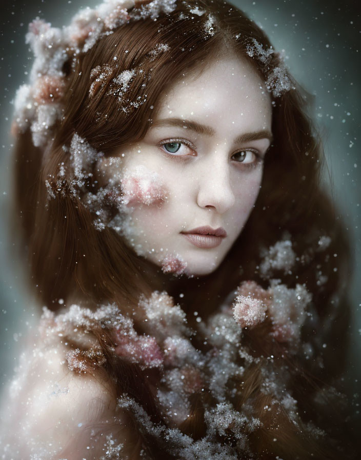 Person portrait with snowflakes and frost in hair: wintry, enchanted aesthetic