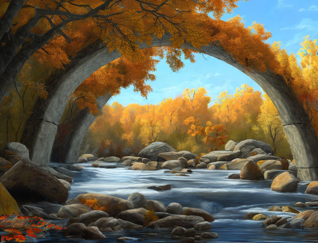 Tranquil autumn landscape with stone bridge and colorful foliage