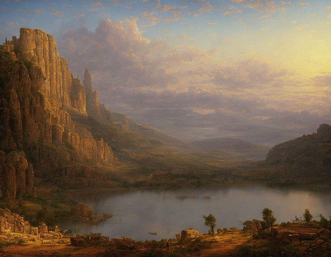 Tranquil Dawn Landscape with Cliffs, Lake, Clouds & Ruins