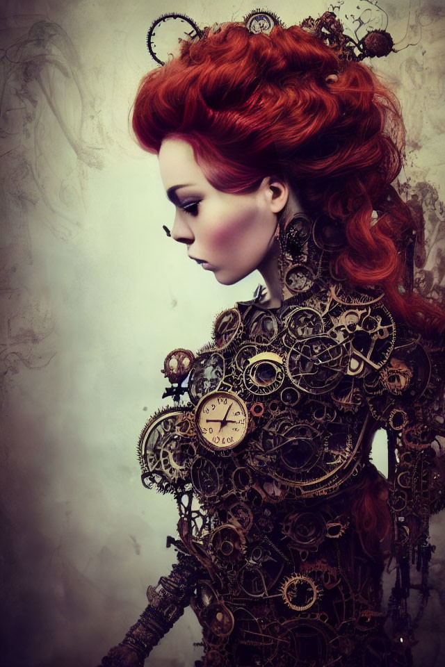Red-haired woman in steampunk gear body against smoky backdrop