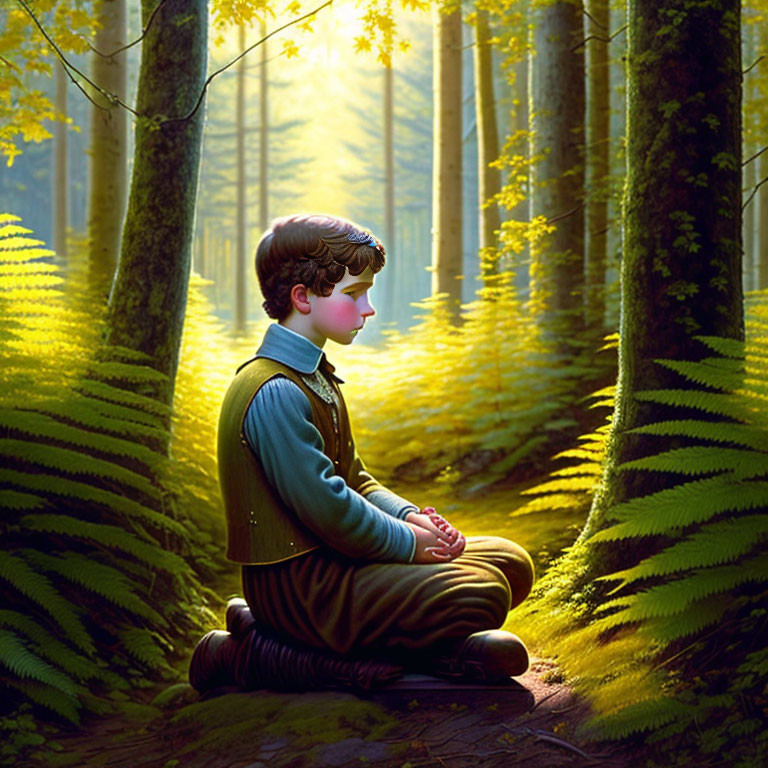 Illustration: Young boy meditating in sunlit forest surrounded by trees