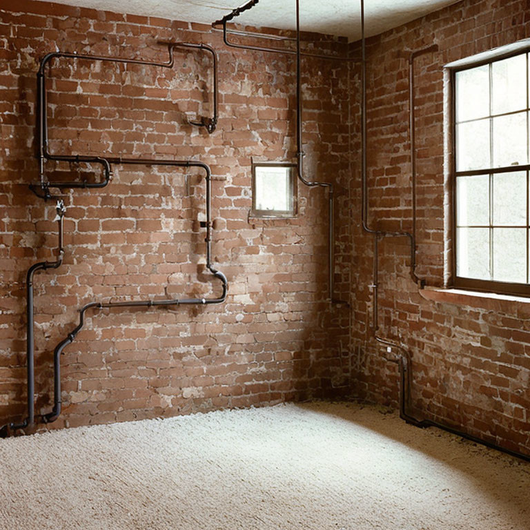 Room with Exposed Brick Walls and Metal Pipes Pattern, Natural Light Window