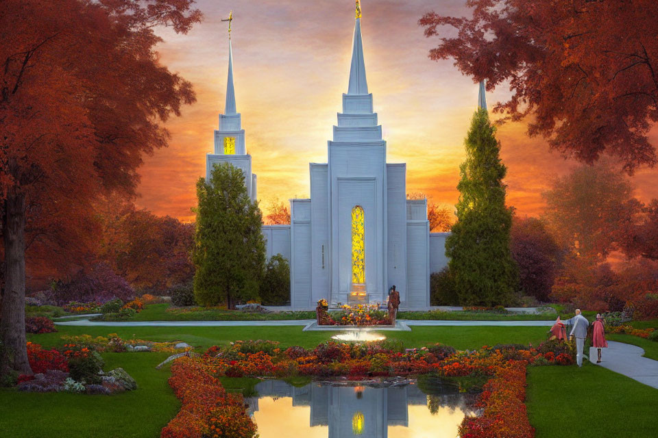Tranquil temple with twin spires in autumnal setting at dusk