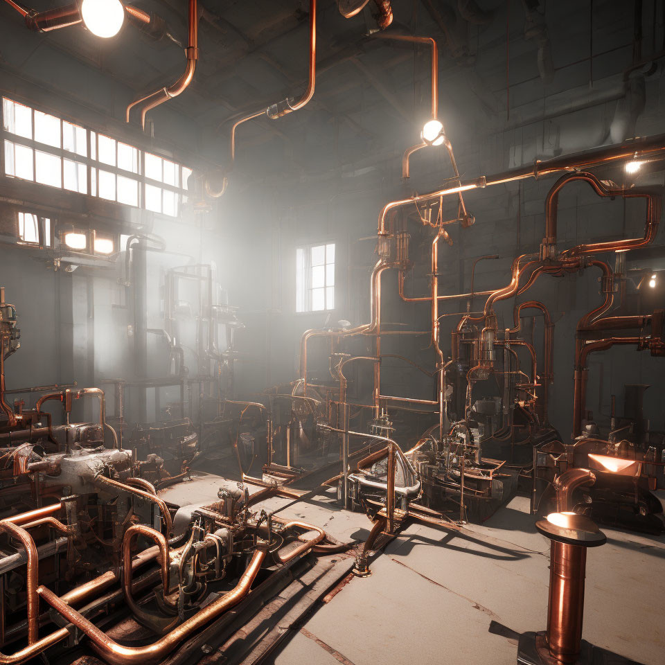 Sunlit industrial interior with copper pipes and machinery