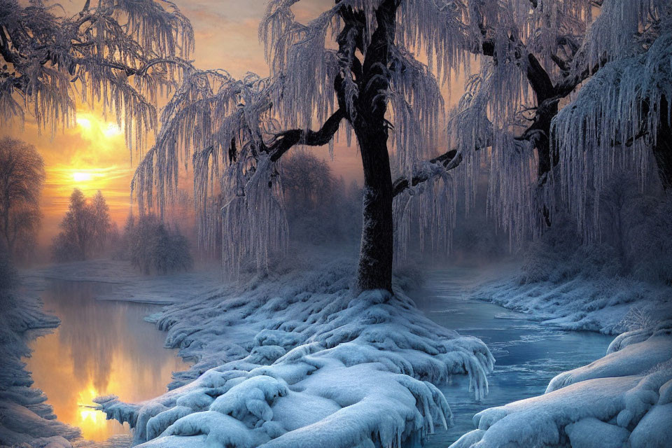 Snowy Sunrise Landscape: Frosty Trees & Frozen River Reflecting Sun's Golden Light