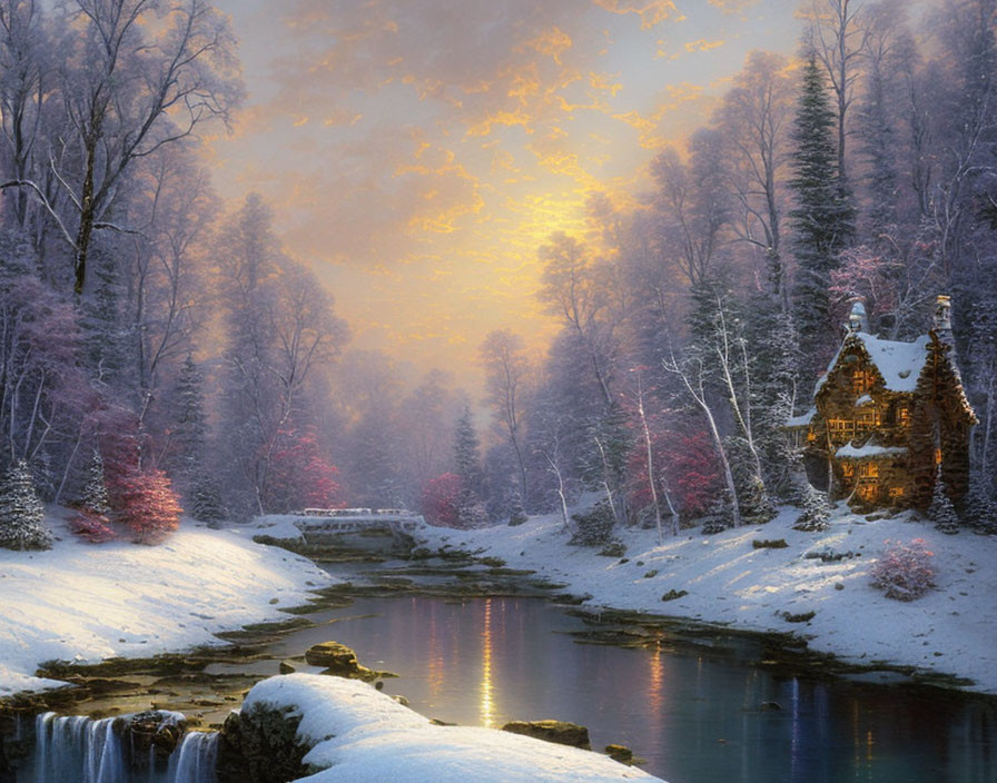 Tranquil winter dusk scene: cozy cottage by snow-covered stream and trees.