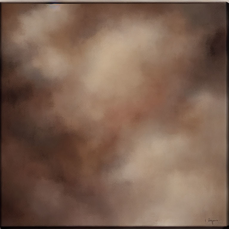 Abstract painting in brown and cream hues with cloud-like appearance and signature.