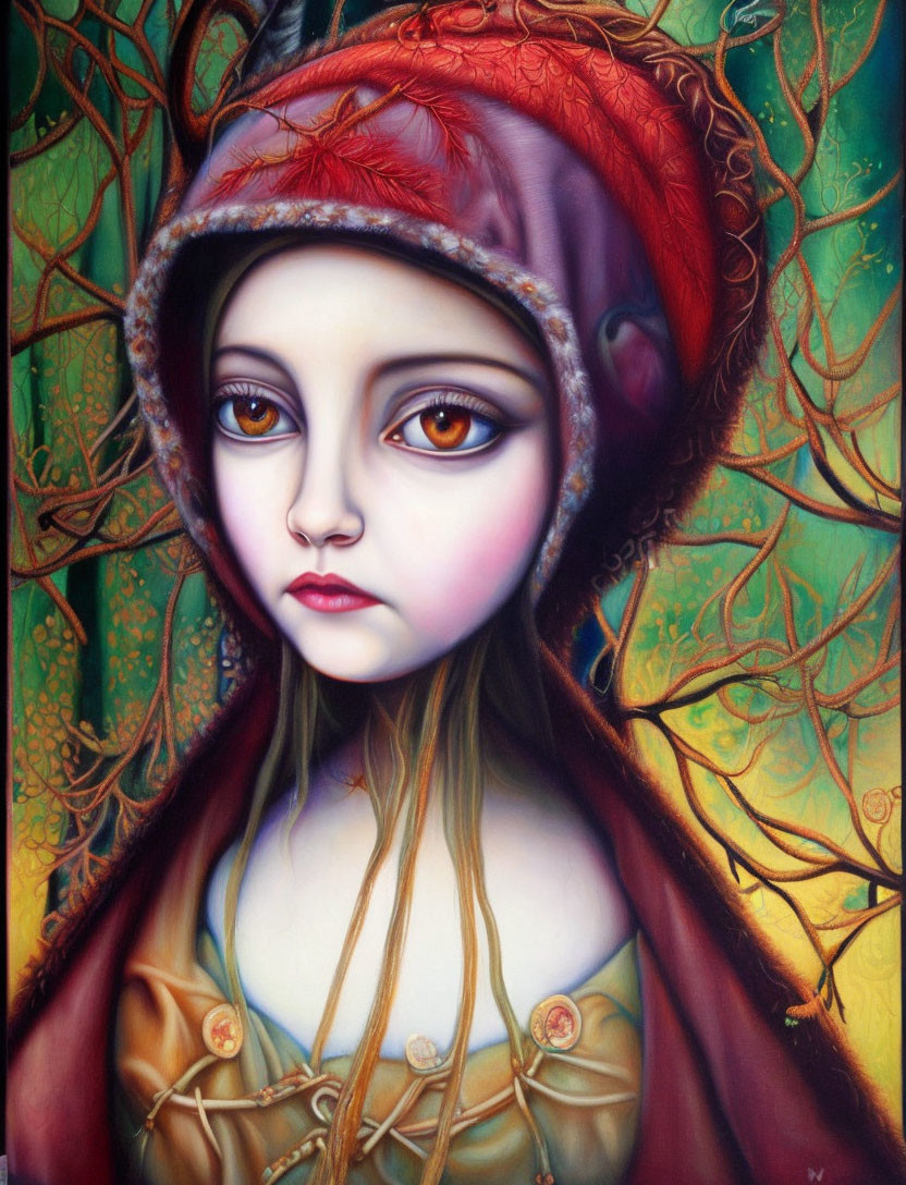 Surreal painting of girl with large eyes and red cap among intricate tree branches