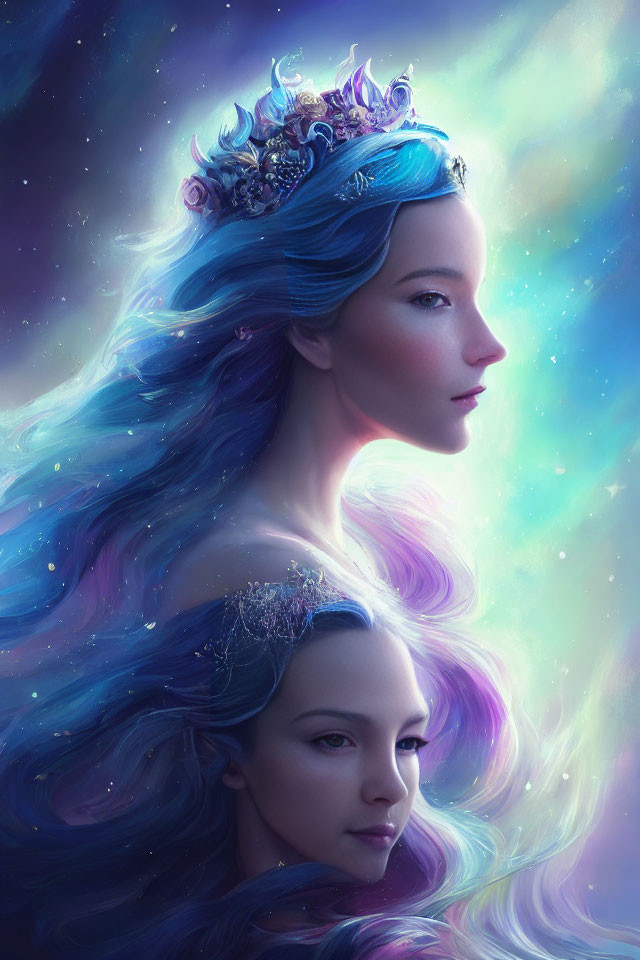 Digital Artwork: Ethereal Women with Blue and Purple Hair in Cosmic Setting