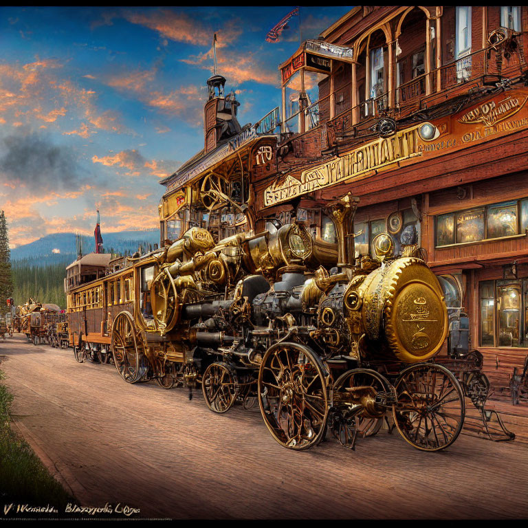 Intricately detailed steam-powered vehicle on cobblestone street at dusk