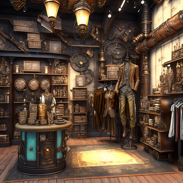 Detailed Steampunk-Themed Store with Vintage Clothing and Brass Fixtures
