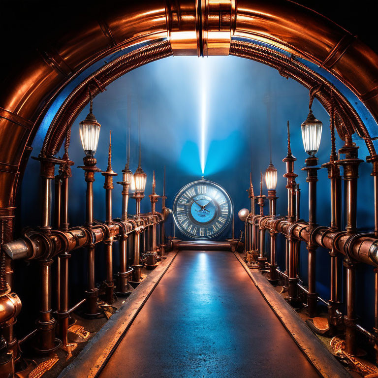 Steampunk-style corridor with vintage lamps and large lit clock under blue light beam