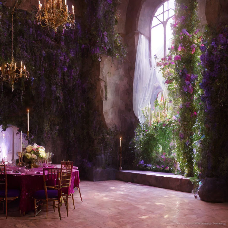 Purple-themed dining area with flowers, vines, windows, and chandeliers