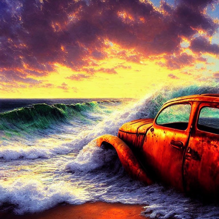 Rusty old car on beach with crashing waves under orange and purple sky