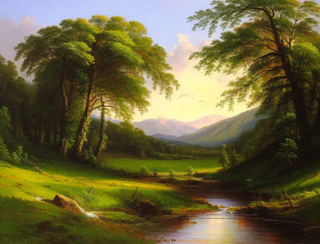 Tranquil landscape painting with lush greenery, stream, and mountains
