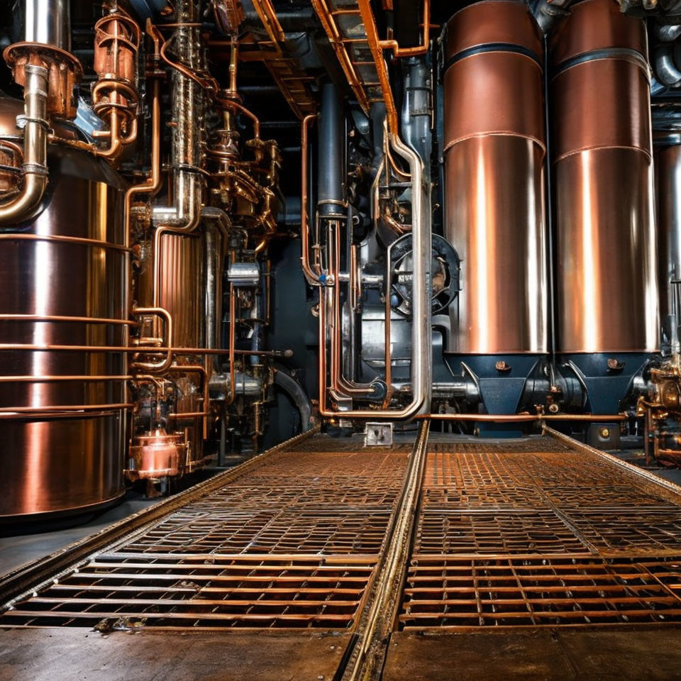 Industrial Brewing Facility with Copper Distillation Tanks and Pipes on Metal Floor
