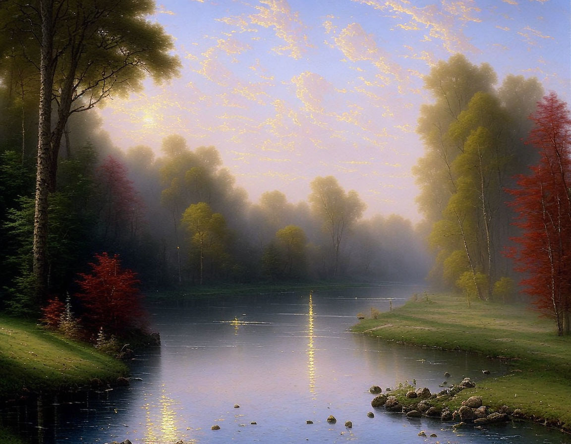 Tranquil river in misty forest with green and autumn trees under golden-lit sky