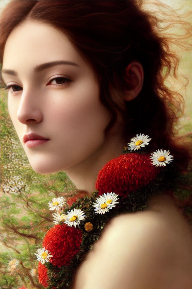 Woman's portrait with serene expression, adorned with flowers and moss