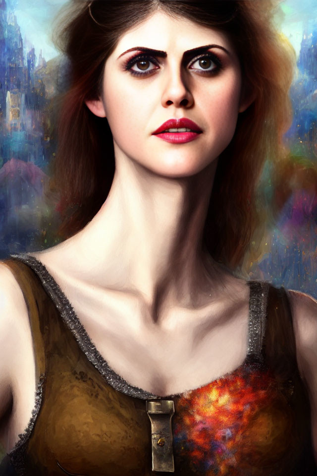 Digital painting of woman with intense gaze and cosmic dress against abstract cityscape