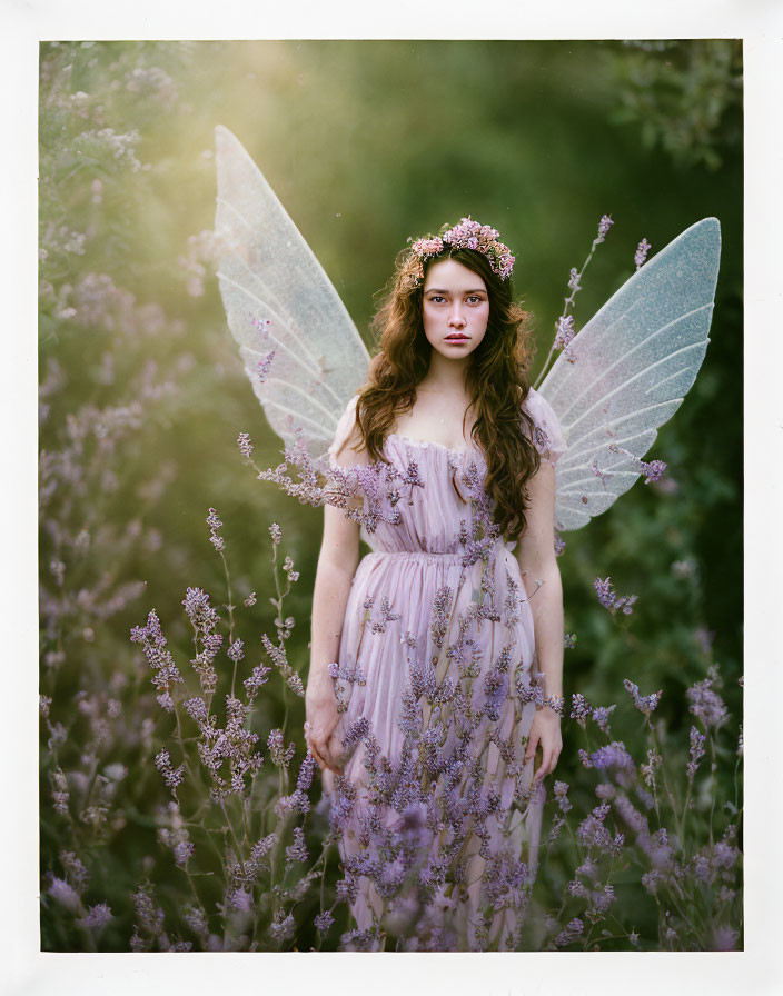 Person in whimsical fairy costume with floral crown and transparent wings among lavender flowers