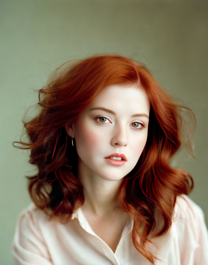 Red-haired woman in pink blouse with green eyes looking at camera