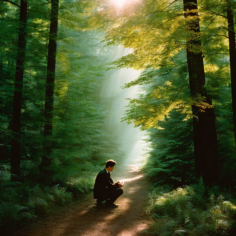 Person in dark suit on forest path with sunlight filtering through trees