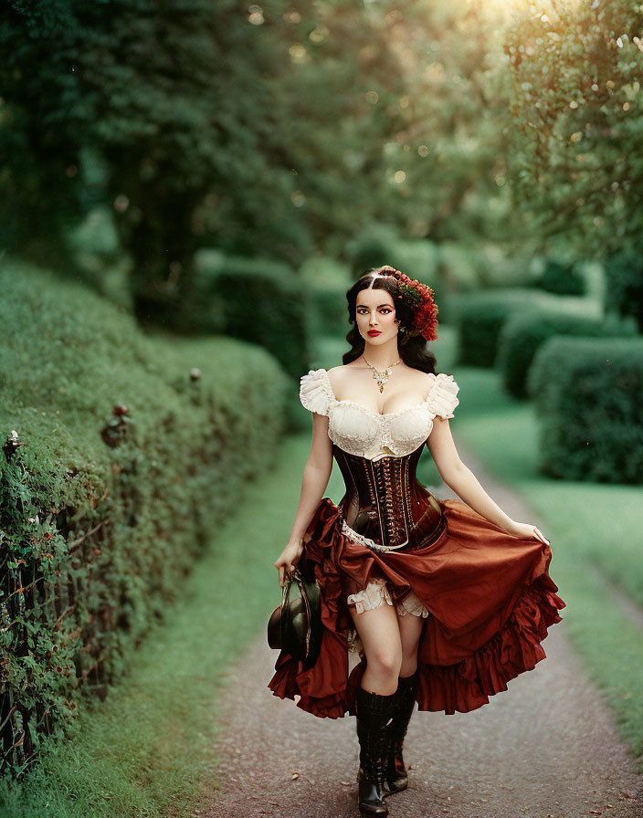 Victorian woman in corseted dress with puffy sleeves and ruffled skirt strolls garden path