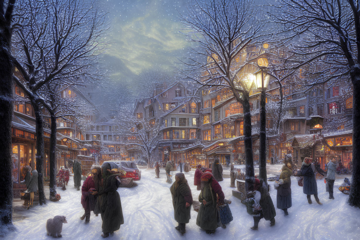 Snow-covered street scene at dusk with pedestrians, dog, and warmly lit shops