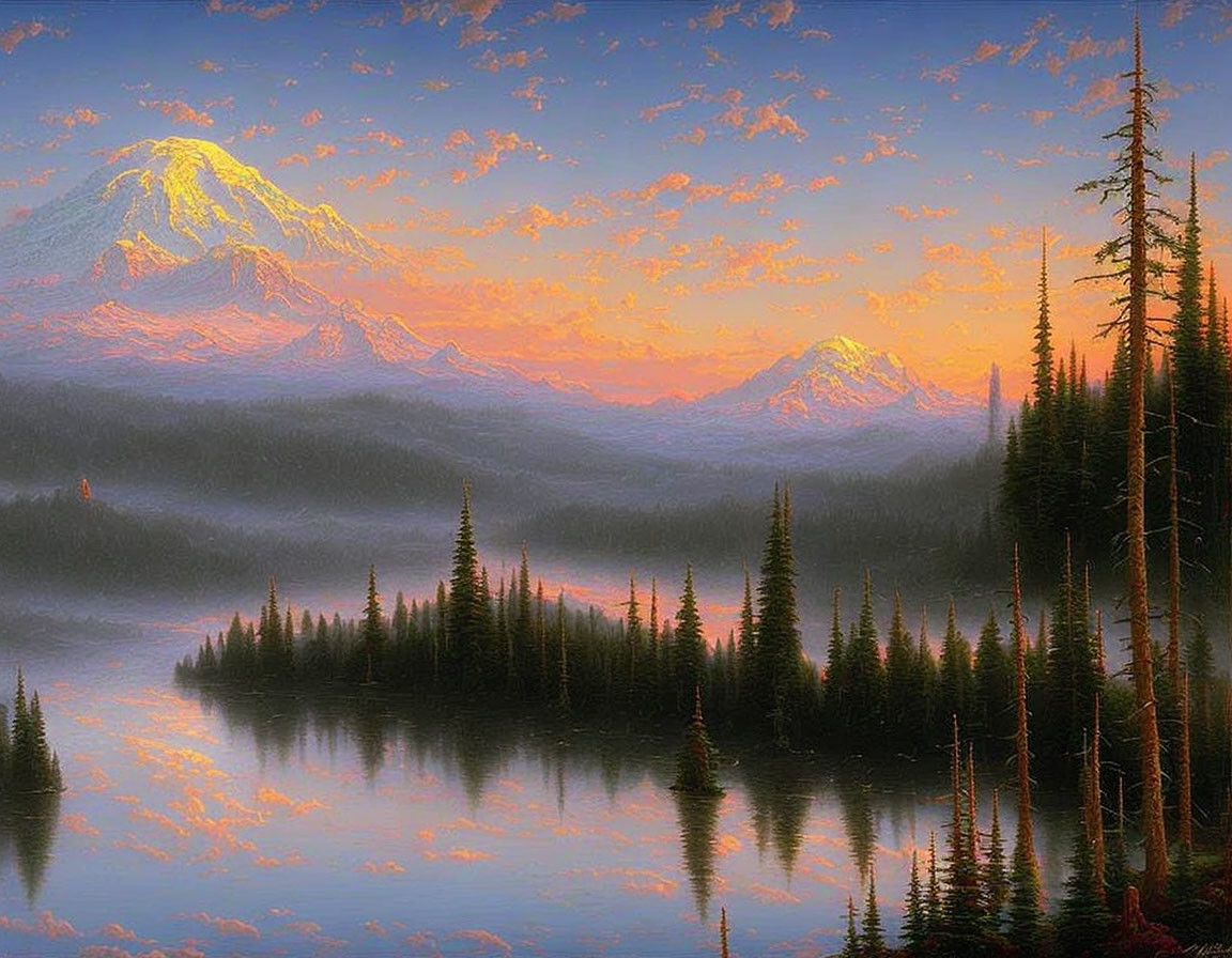 Snow-capped mountain at sunrise reflected in calm lake with evergreen trees under pink and orange sky
