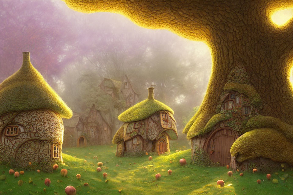 Fantasy landscape with whimsical cottages and giant trees in serene atmosphere