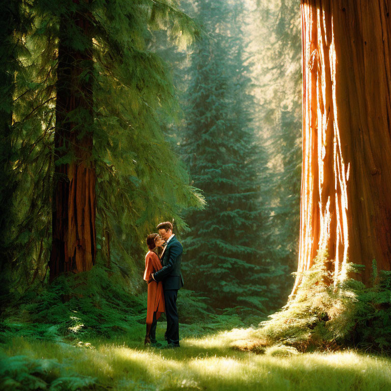 Couple embracing in sunlit forest with tall trees