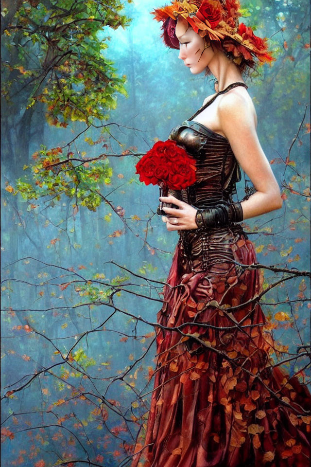 Woman in red ruffled dress with roses bouquet in misty forest