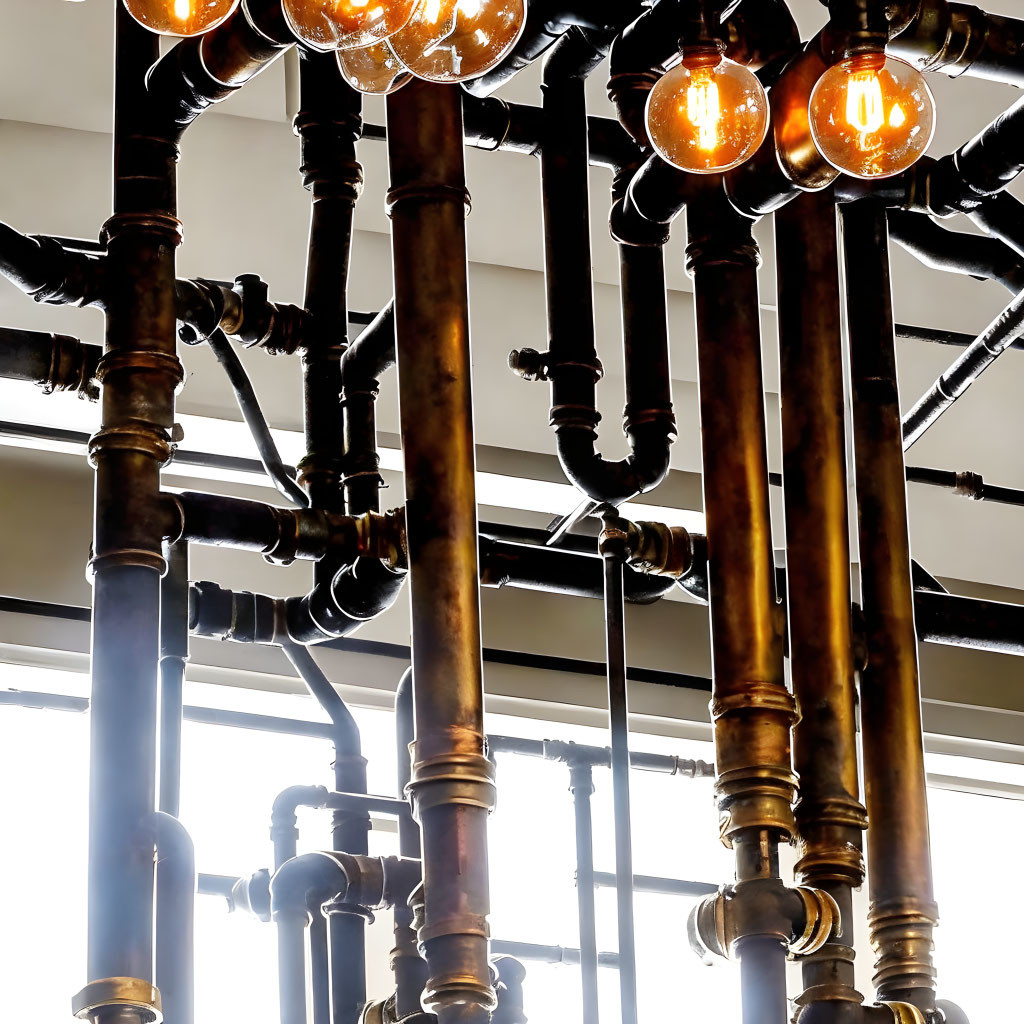 Exposed Bulb Industrial Light Fixtures on Black Pipes by Window Background