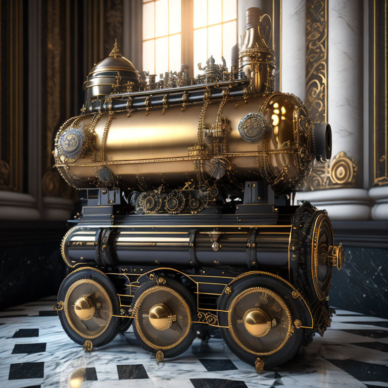 Steampunk-style locomotive with gold detailing in opulent classical room