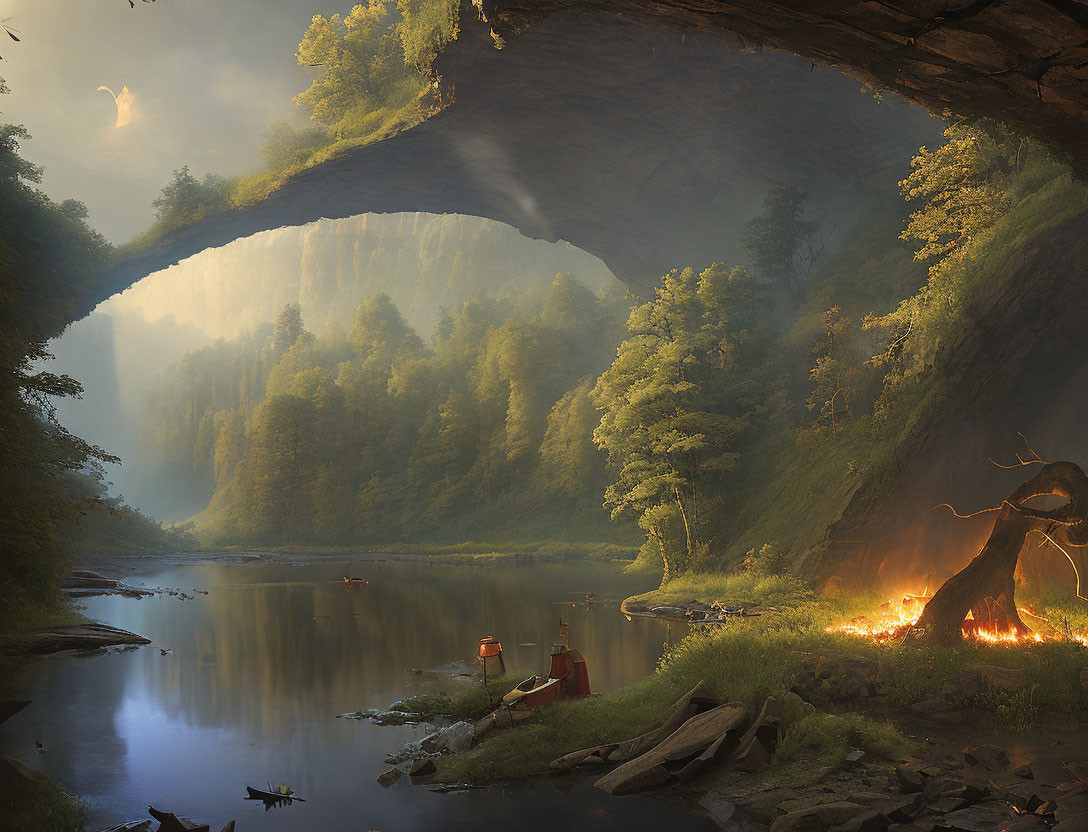 Tranquil forest river scene with figure by fire and natural arch