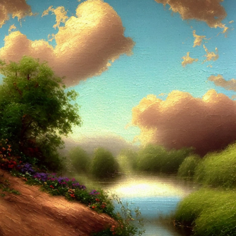 Tranquil river scene at dusk with fluffy clouds and colorful flowers